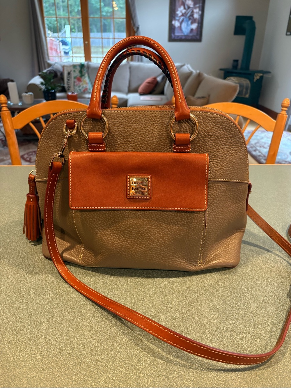 Dooney & Bourke Pebbled Leather Satchel - Taupe and Cognac Trim